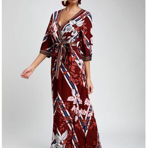 Lulu's Red Maxi Gown with Dolman Sleeves and V-Neck